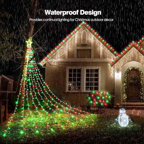 BlcTec Outdoor Christmas Decorations 317 LEDs Christmas Lights with 9 Strands 11.9ft Waterfall Christmas Tree Lights, 8 Modes, Waterproof, Topper Star & Timer for Yard Patio Xmas Décor, Red Green - Image 2