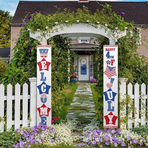 doginthehole 2 Pcs 4th of July Door Banners for Outside Welcome Porch Sign Home Decorations Memorial Day Banner Decorations Patriotic Independence Day Hanging Banner for Party Door Outdoor - Image 5