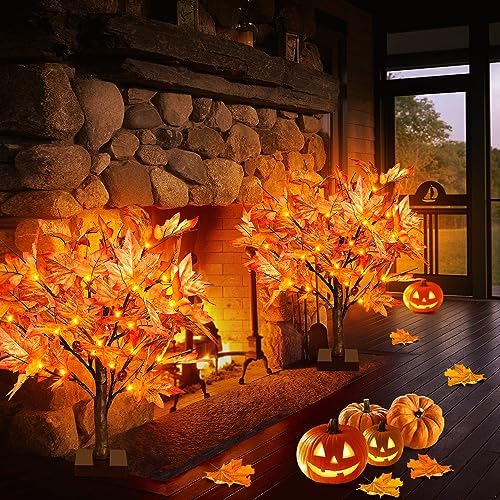 FastDeng 1.5FT Lighted Maple Tree, Artificial Fall Maple Tree with 36 LED Lights, 72 Leaves,6 Acorns, Autumn Tabletop Tree with Burlap Base for Indoor Fall Harvest, Thanksgiving Decorations (2Pack) - Image 7