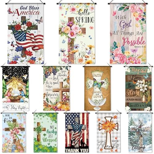 Tegeme 12 Pcs Christian Seasonal Garden Flags Set Fall Maple Leaf Door Banner Decor Religious Cross Door Hanger 12 x 20 Inch Thanksgiving Hanging Flag for Outside Party Outdoor Indoor by Tegeme