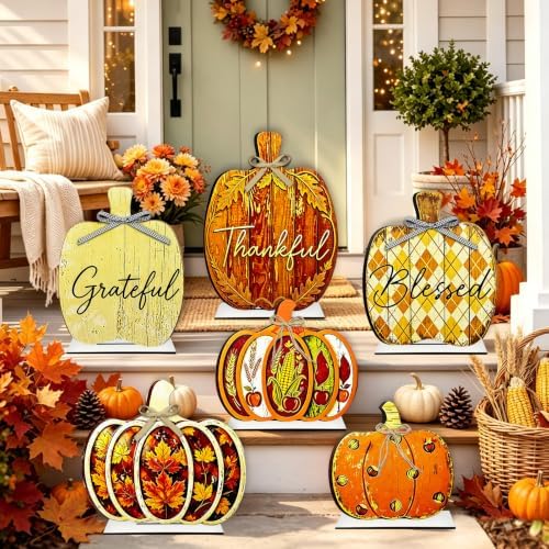 6Pcs Wood Fall Porch Standing Decor Pumpkin Sign with Base 8-15In - Image 4