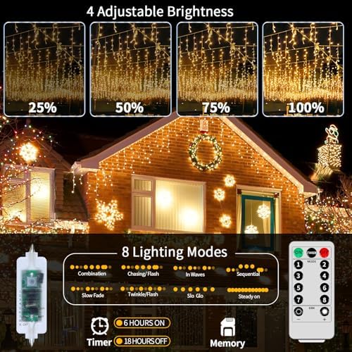 Icicle Lights for Outside, 167ft 17600 LED Icicle Christmas Lights Outdoor Waterproof, 352 Drops with Remote, 8 Modes & Dimmable, Timer for Christmas, Wedding, House, Roof Decoration, Warm White - Image 2