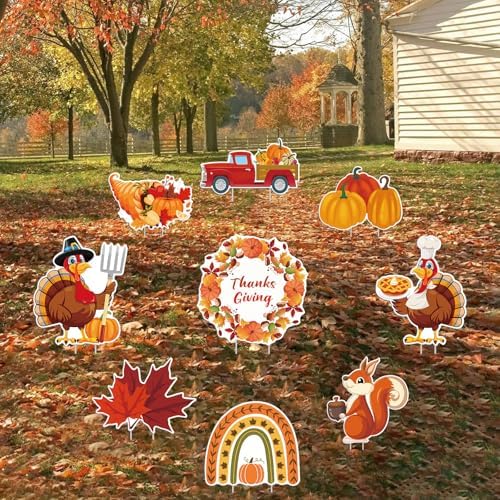 9 pcs Thanksgiving Yard Signs with Stakes, Maple Turkey Pumpkin Squirrel Lawn Signs Harvest Garden, Fall Autumn, Thanksgiving, Harvest Party Outdoor Decorations by GRADUATIONDECORATIONS
