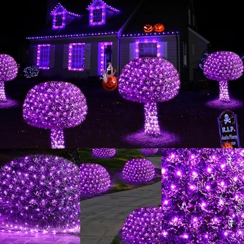 WBao Halloween Lights Outdoor 200LED 8.4ft x 5.2ft Purple Net Lights with 8 Modes, Timer, UL Certified, Connectable, Waterproof & Dark Green Wire for Lawn, Bushes, Trees, Outdoor Halloween Decorations - Image 2