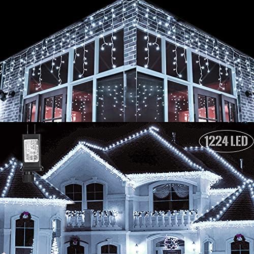 Toodour Christmas Icicle Lights Outdoor, 1224 LED 100ft 8 Modes Fairy Icicle String Light with 204 Drops, Led Christmas Lights Twinkle for Holiday, Party, Wedding, Eaves, Xmas Decorations (White) by Toodour