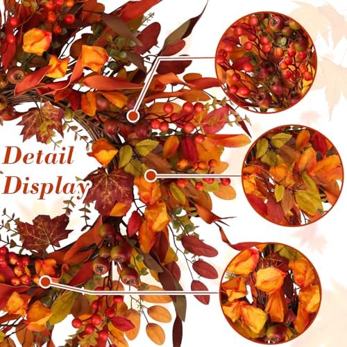 24 inch Berry Branches Fall Wreath for Front Door with Colorful Leaves - Image 3