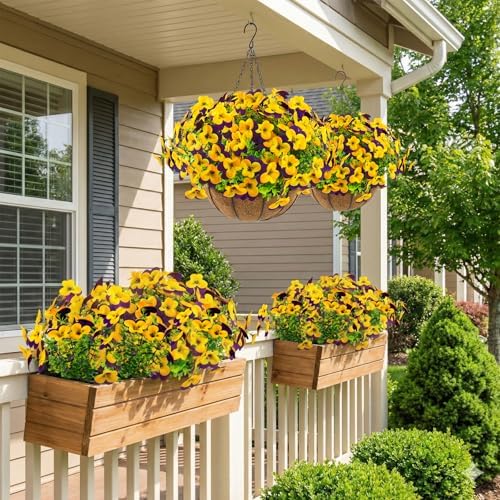 lovemoon 2 Set Artificial Outdoor Pansies Flowers with Hanging Baskets, 2 Hanging Planters with 24 Pcs Silk Pansy Flowers for Spring Easter Decorations Porch Patio Home Decor (2, Purple, Yellow) - Image 7
