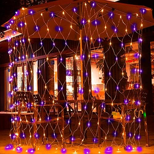 Dazzle Bright Halloween 200 LED Net Lights, 9.8 FT x 6.6 FT Connectable Mesh Lights Clear Wire with 8 Lighting Modes, Halloween Decorations for Indoor Outdoor Bush Yard Garden Decor (Purple & Orange) - Image 4