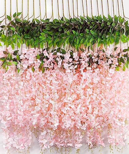 Wisteria Hanging Flowers 12 Pack Artificial Flowers Fake Wisteria Vine Rattan Hanging Garland Silk Flowers String for Party Home Wall Greenery Wedding Decor (Light Pink) by HanYun