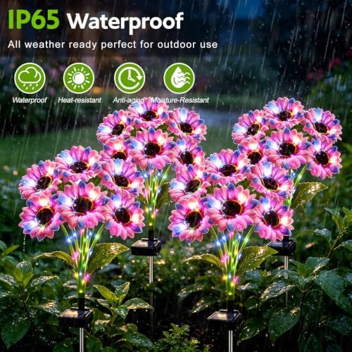Solar Sunflower Lights Outdoor Garden Decor, 4 Pack Solar Multicolor Flowers Lights with 18 Sunflowers, Waterproof Fall Decor Stake Decorative Light Auto ON/Off for Garden Yard Patio, Gift for Women - Image 3