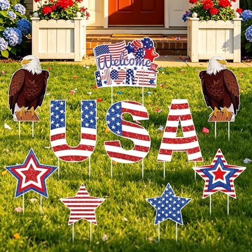 10Pcs 4th of July Yard Signs Outdoor Decorations, Patriotic Yard Signs with 20 Stakes, Red White Blue Stars and Stripes for Independence Day Memorial Day Garden Lawn Outdoor Decor by PremiumYardSignsJoyfulPartyEssentialsForEverysingleHome