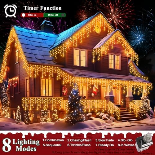 XURISEN 66ft 640 LED Christmas Lights Outdoor with 120 Drops, 8 Modes Curtain Fairy Lights Plug in Waterproof Timer Memory Function String Lights for Christmas Holiday Wedding Party Decor(Warm White) - Image 2