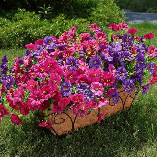 HyeFlora Artificial Flowers for Outdoors Fake Plants Outside Decoration, 12 Bundles Silk Colorful Morning Glory with Eucalyptus UV Resistant Realistic Faux Flowers for Planter Porch Patio Yard Garden by HyeFloraartificialflowers