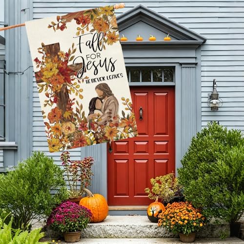 Baccessor Fall For Jesus He Never Leaves House Flag 28x40 Inch Double Sided,Thanksgiving Day Autumn Cardinal and Cross Outside Outdoor Seasonal Burlap Garden Flags Home Yard Porch Patio Decoration - Image 4