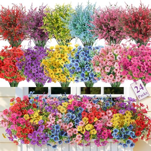 SHareconn 24 Bundles Artificial Flowers for Outdoors UV Resistant Decor by SHareconn