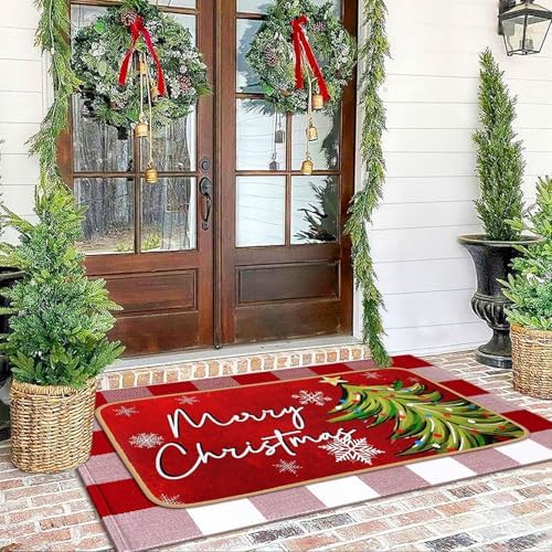 Tinideya 2 Pcs Christmas Door Mat Outdoor Whimsical Xmas Tree Front Doormat Nonslip Red and White Buffalo Plaid Layered Linen Rubber Xmas Rugs Merry Christmas Decor for Front Porch Entryway Outside - Image 3