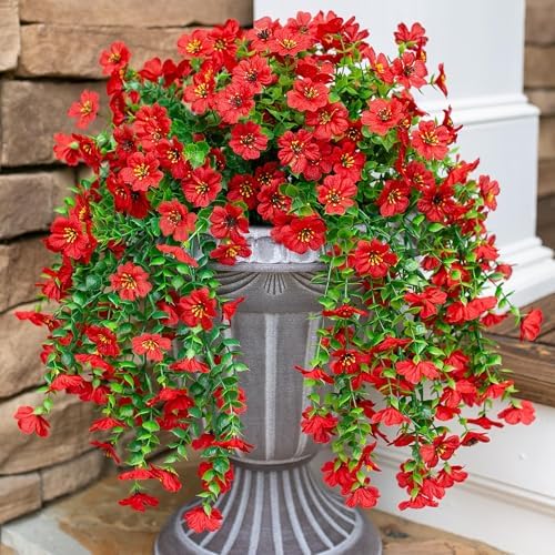 HyeFlora Artificial Hanging Flowers for Outdoors Decoration, 2Pcs Red Fake Spring Summer Decor, Realistic Plants, UV & Fading Resistant Flower for Porch Patio Balcony Planter Yard Home Garland by HyeFloraartificialflowers