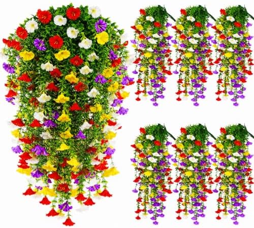 6 Pcs Artificial Hanging Flowers for Outdoors, UV Resistant Morning Glory Vines, Faux Silk Trailing Plants for Porch Patio Window Box Indoor Outdoor Home Decor (Mixed-color04) by Sariiraw