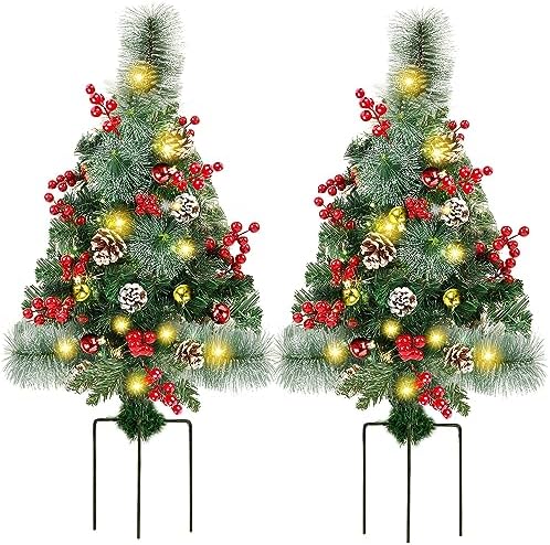 Juegoal 2 Pack 30 Inch Pre-Lit Pathway Christmas Trees, Upgrade Artificial Xmas Urn Filler with 60 LED Lights, Red Berries and Pine Cones Ornaments, Battery Operated Holiday Décor for Driveway, Yard by Juegoal