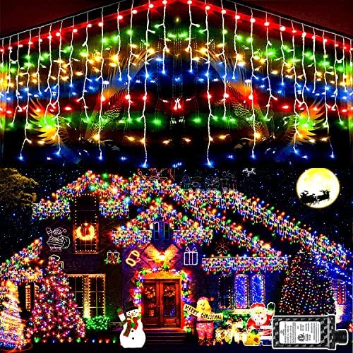 KNONEW Christmas Lights Outdoor Decorations 400 LED 33ft 8 Modes Curtain Fairy String Light with 75 Drops, Clear Wire LED String Light for Wedding Party Holiday Christmas Decorations Multicolor by KNONEW
