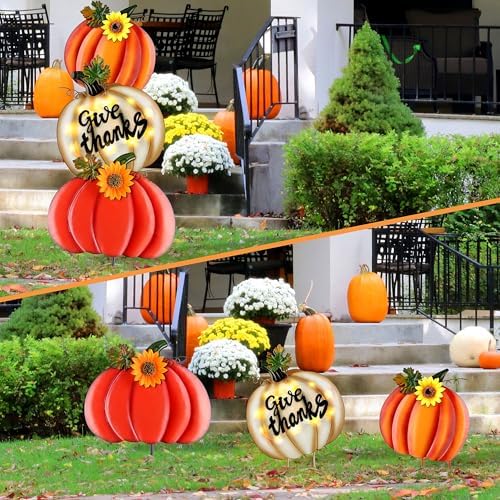 Fovths 39 Inches 3 Pieces Thanksgiving Metal Outdoor Fall Decorations, Giant LED Pumpkin Garden Lawn Patio Yard Signs, Metal Fall Waterproof Yard Sign for Home Thanksgiving Harvest Driveway Decor - Image 5