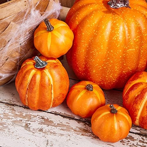 7Pcs Artificial Pumpkins of all Styles Halloween Decoration Rural Style Farmhouse Foam Pumpkin Harvest Season Thanksgiving Day is Suitable for Table top House Dining Table Party Decoration (Orange) - Image 7