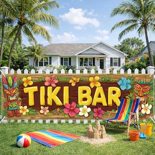 HOMETITUTE Tiki Bar Summer Outdoor Banner 10x3FT Large Tropical Luau Beach Theme Backyard Party Decoration Pool Party BBQ Patio Garden Hawaiian Island Indoor Outdoor Celebration Display Decor by HOMETITUTE
