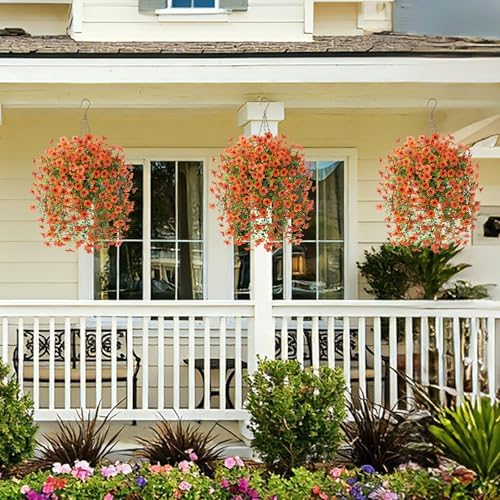 HyeFlora Artificial Hanging Flowers Basket for Outdoor, Fake Spring Flowers, UV Resistant & No Fading, Faux Plants, Realistic Indoor Decoration for Yard Gardens Porch Patio Planter (Orange) - Image 5