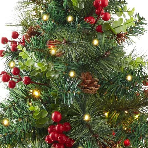 Casafield Set of 2-24" Outdoor Pathway Christmas Trees, Realistic Walkway Pre-Lit Holiday Decor with Red Berries, Pinecones, Mixed Greenery, and White LED Lights - Image 3