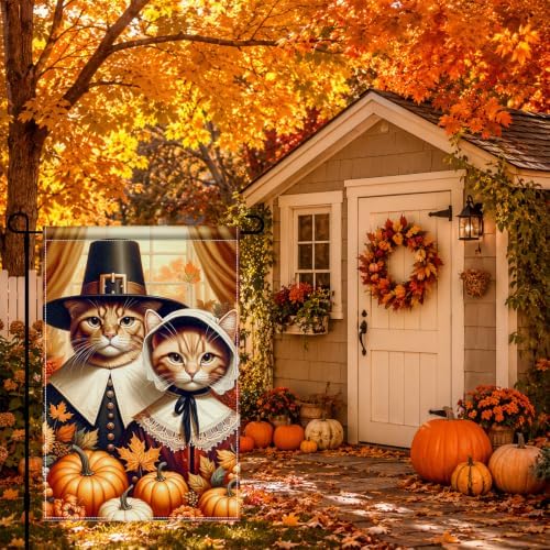BlissYard Thanksgiving Garden Flag Pilgrim Cats Pumpkin 12x18 Inch Decor - Image 3