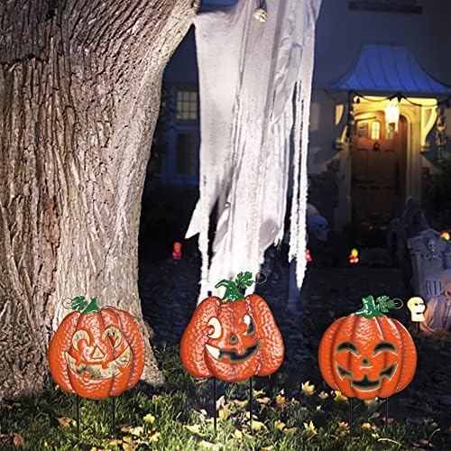 Juegoal 3 Pack Halloween Lighted Pumpkin Garden Stakes, Metal Jack-o-Lantern Light Up Outdoor Decor, Halloween Yard Signs with Battery Powered & Timer, Decorative Pumpkins Figurine for Lawn Pathway - Image 6