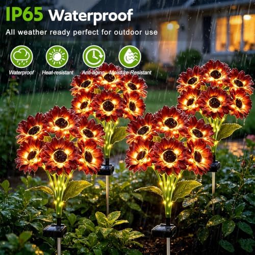 Solar Sunflower Lights Outdoor Garden Decor, 6 Pack Solar Brown Flowers Lights with 18 Sunflowers, Waterproof Fall Decor Stake Decorative Light Auto ON/Off for Garden Yard Patio, Gift for Women - Image 4