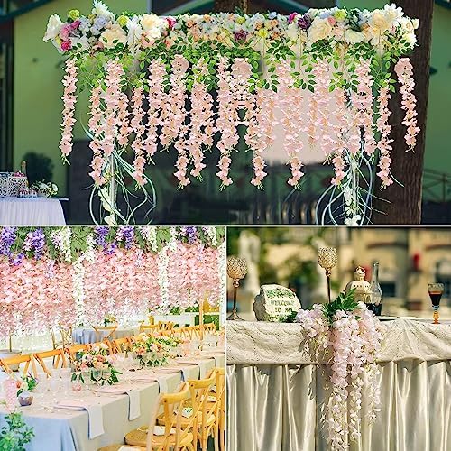 Wisteria Hanging Flowers 12 Pack Artificial Flowers Fake Wisteria Vine Rattan Hanging Garland Silk Flowers String for Party Home Wall Greenery Wedding Decor (Light Pink) - Image 6