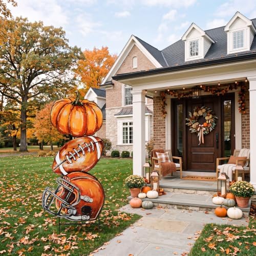 Weysat Fall Football Outdoor Decor Metal Pumpkin Football Yard Sign Porch - Image 6
