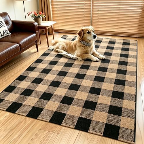 MUBIN Fall Decor Cotton Buffalo Plaid Rug, 4' x 6' Coffee Black Outdoor Rug Decorative Mat, Washable Large Doormat Hand-Woven Foldable Area Rug for Outdoor Patio Indoor Living Room Dining Room Kitchen - Image 4