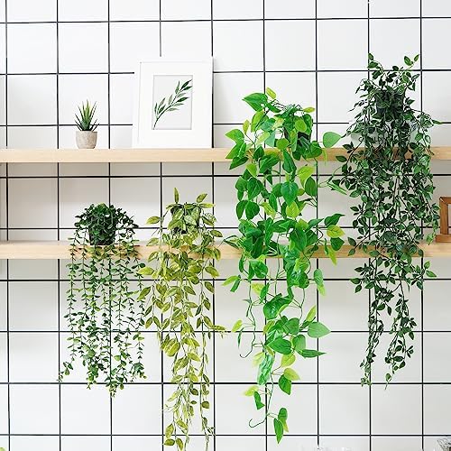 BLEUM CADE Fake Hanging Plants Mixed Set, 4pcs Artificial Hanging Plant, Faux Hanging Potted Plants Greenery for Wall Shelf Home Living Room Indoor Outdoor Decor - Image 3