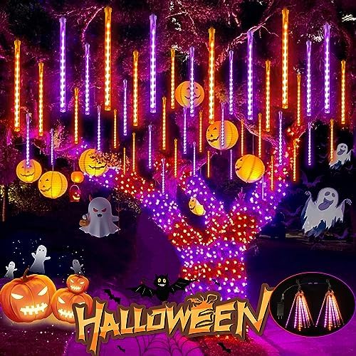 Halloween Meteor Shower Lights Outdoor 2 Pack 16 Tubes Orange and Purple by EXF