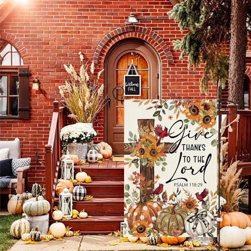 Baccessor Give Thanks To The Lord Garden Flag 12.5x18 Inch Double Sided,Cardinal Cross Thanksgiving Day Outside Outdoor Seasonal Burlap Pumpkin Flags Home Patio Front Yard Lawn Decoration - Image 4