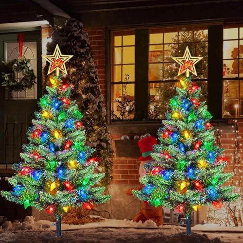 Upgraded Set of 2 Solar Christmas Tree, Outdoor Christmas Decorations,Prelit Xmas Tree w/ 100 LED Multi-color C6 String Lights for Outsdie Holiday Display Yard Front Porch Pathway Grave Cemetery Decor by Abkshine