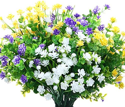 WILLBOND 12 Bundles Artificial Flowers Outdoor, UV Resistant Faux Artificial Plants Shrubs Plastic Flower Bulk for Hanging Planter Porch Window Home Spring Summer Decor(Yellow, Purple, White) by Willbond+Technology+Limited