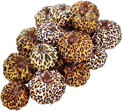 Winlyn 16 Pcs Assorted Small Faux Leopard Print Velvet Pumpkins Decorative Cheetah Print Fabric Foam Pumpkins for Rustic Fall Halloween Thanksgiving Table Centerpiece Mantel Kitchen Decoration by Winlyn