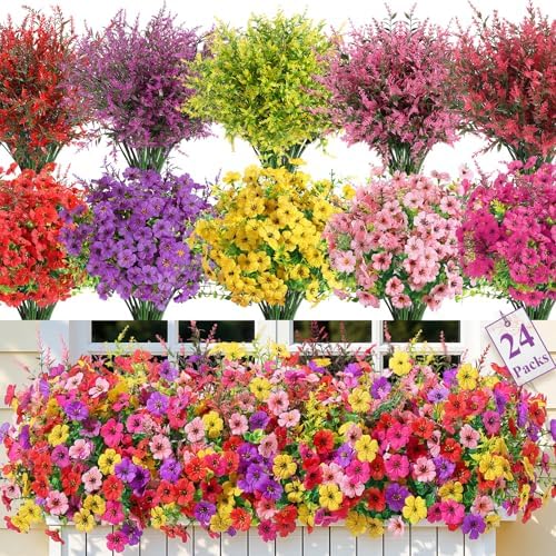 SHareconn 24 Bundles Artificial Flowers for Outdoors UV Resistant Decor by SHareconn