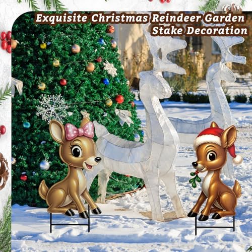 Moxweyeni 2 Pcs Outdoor Reindeer Christmas Decoration Cute Deer Sign Large Metal Reindeer Yard Sign with Stakes Christmas Farmhouse Deer Figurines for Lawn Garden Holiday Display - Image 6