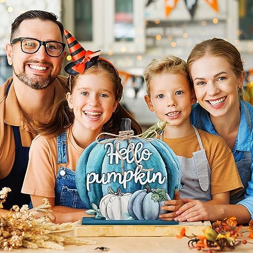 Soaoo Fall Decoration Wooden Blue Pumpkins Decor Fall Hello Pumpkin Sign - Image 6
