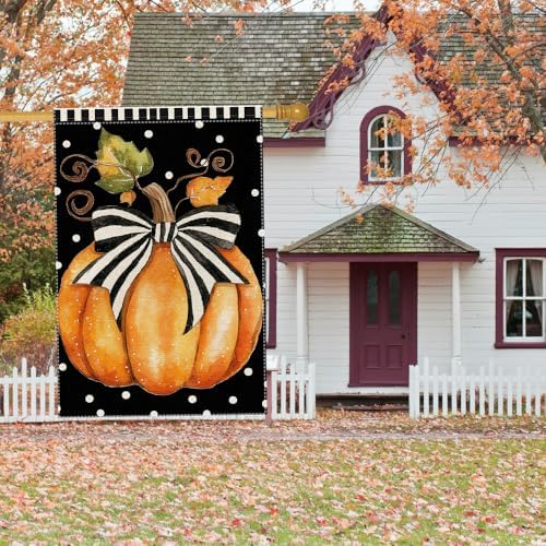 Fall Garden Flag Polka Dots Bowknot Pumpkin Garden Flags For Outside Burlap Decor, Thanksgiving 28X40 Inch Double Sided Vertical Autumn Decor Patio Lawn Yard Outdoor Decoration - Image 5