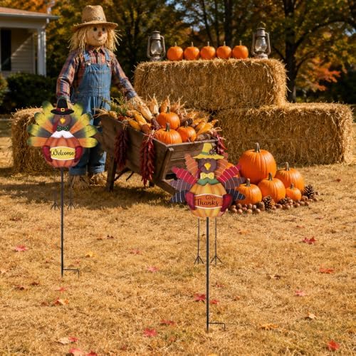 hogardeck Thanksgiving Decorations Outdoor, 38" Set of 2 Metal Turkey Decorative Garden Stakes for Thanksgiving Decor, Give Thanks Welcome Sign Turkey Yard Art for Fall Home Garden Lawn Patio - Image 5