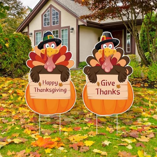 Thanksgiving Plastic Turkey Pumpkins Yard Signs 2pc with Stakes - Image 5