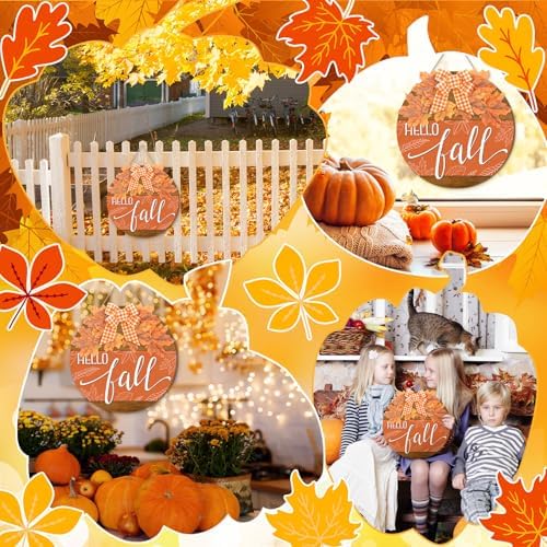 Moucuny Hello Fall Door Sign, 11.8 in Wooden Welcome Wreath with Bow - Image 4