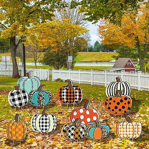 Quera 12Pcs Fall Yard Signs Plaid Pumpkin Yard Stakes Thanksgiving Outdoor Decoration Fall Harvest Autumn Yard Decorations Halloween Home Farmhouse Garden Wall Street Driveway Ornaments - Image 5
