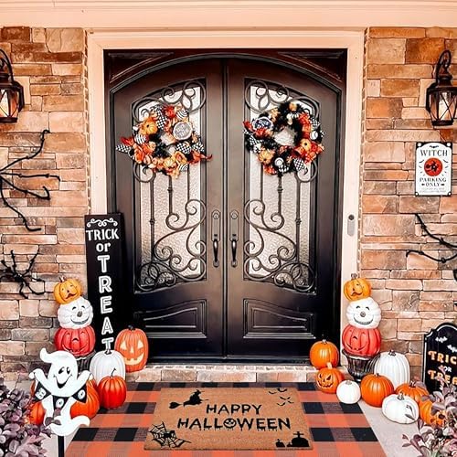 Halloween Decor Doormat Combo Set, 100% Coco Coir Welcome Mat + 3' x 5' Orange and Black Plaid Rug - Halloween Fall Front Porch Entryway Decor Floor Mat, Outdoors Autumn Mats Happy Halloween by Homydecor